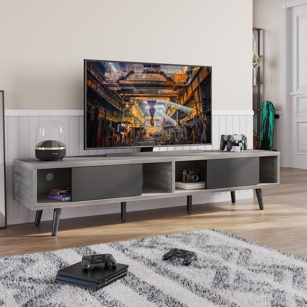 TV Stand with Sliding Black Doors, Weathered Grey Finish.