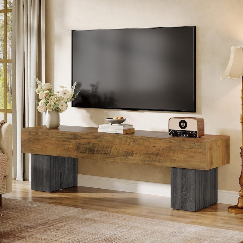 TV Stand with Thick Block Legs Two Tone Wood and Grey Media Console