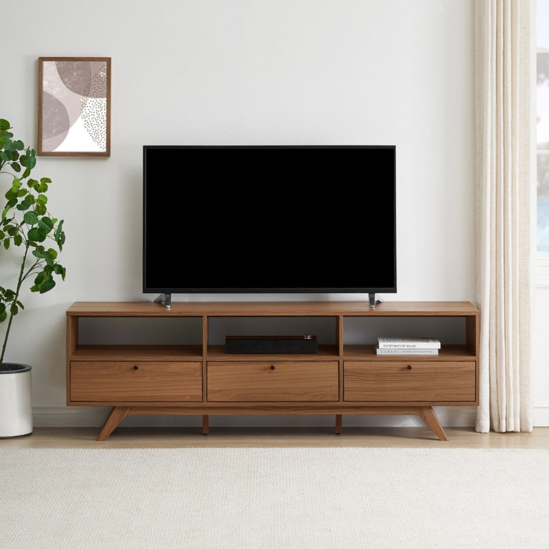 TV Stand with Three Drawer Design, Open Media Shelving, Mocha Wood Finish.
