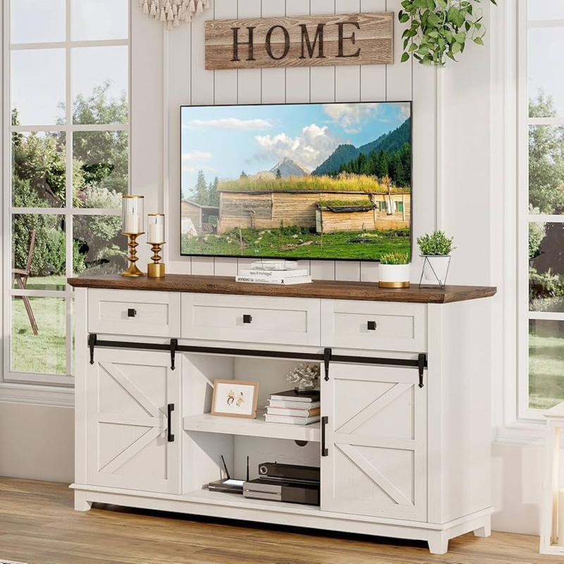 TV Stand with Top Drawers and Two-Tone White & Brown Finish