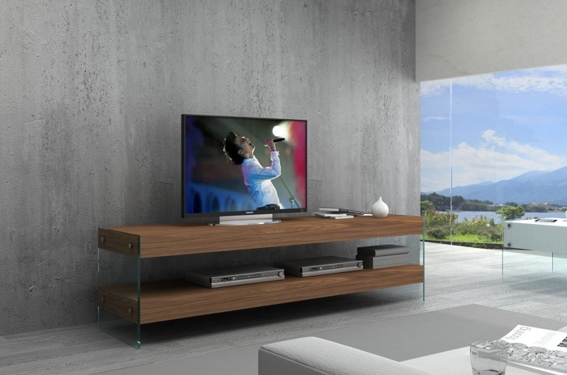 TV Stand with Transparent Glass Supports, Walnut & Glass Legs Console