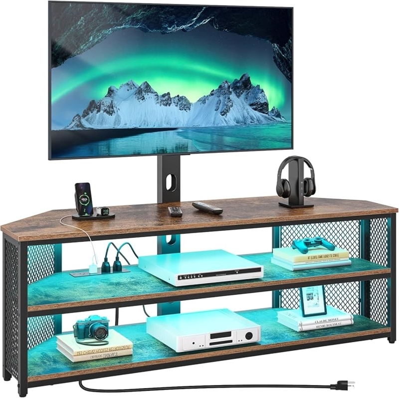 TV Stand with Turquoise LED Lighting, Rustic Brown Corner Mount Console