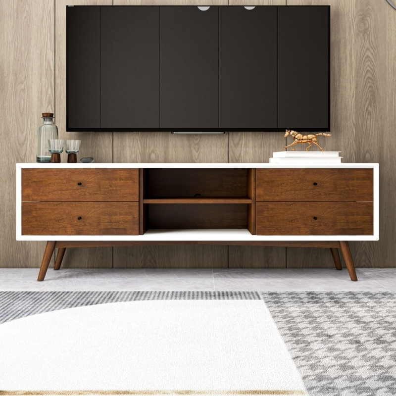 TV Stand with Two Tone Design, White and Walnut Finish, Four Drawers.