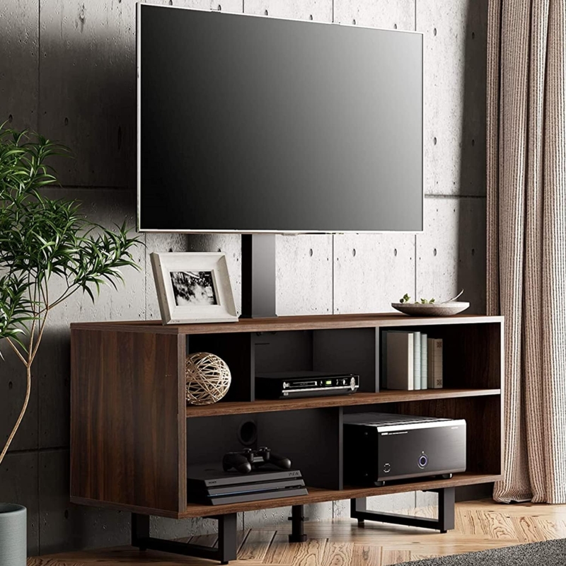 TV Stand with Walnut Finish and Industrial Metal Legs, Integrated Mount