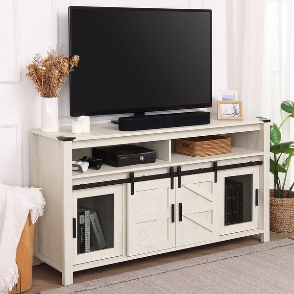 TV Stand with Whitewashed Finish and Rustic Mesh Front Doors