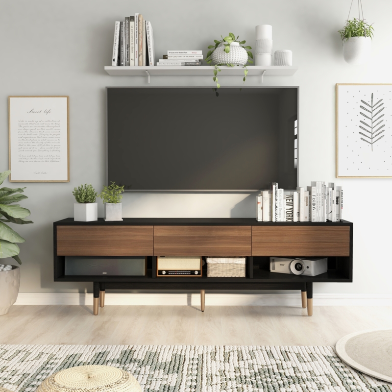TV Stand Wood Toned Drawers 71 Inch Tapered Leg TV Stand
