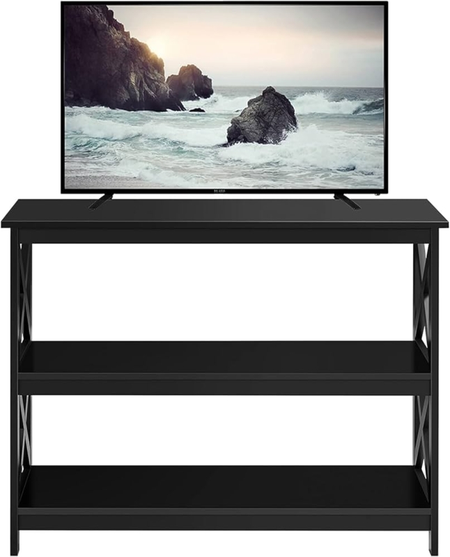 TV Stand X Frame Sides Three Tier Storage Open Shelf Table