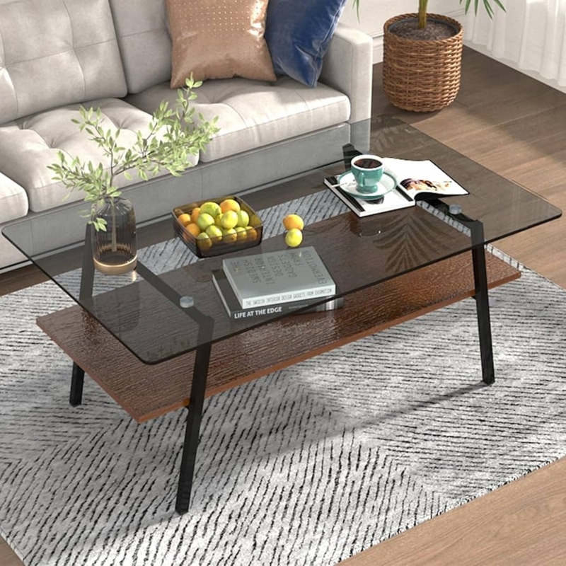 Two-Tier Coffee Table with Smoke Glass Top and Angled Black Legs