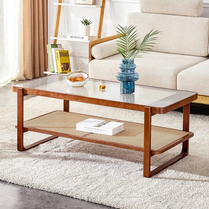 Two-Tier Fluted Glass Coffee Table with Woven Cane Shelf