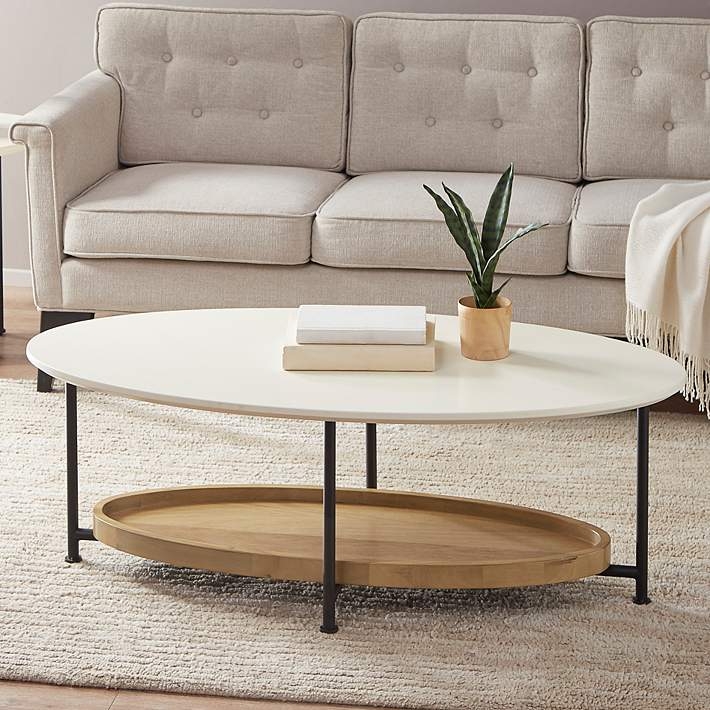 Two Tier Modern Coffee Table Oval Wood Toned Tray Shelf Metal Legs