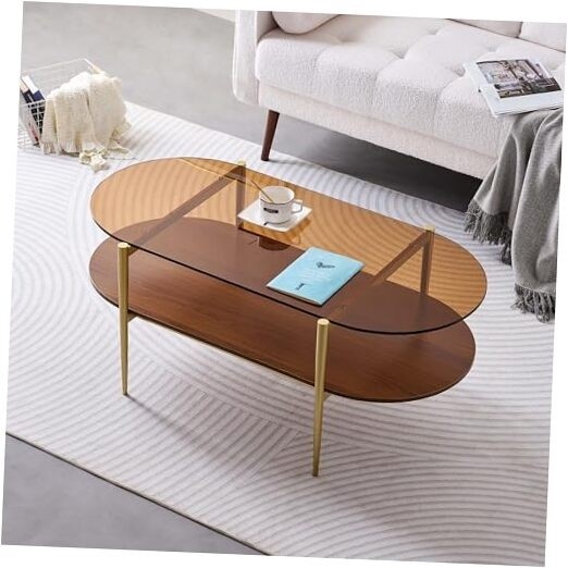 Two-Tier Oval Coffee Table with Amber Glass Top and Gold Legs