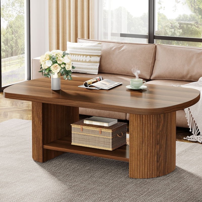 Two Tier Oval Coffee Table Wood with Ribbed Legs Storage