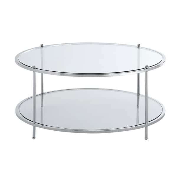 Two-Tier Round Coffee Table with Glass Surfaces and Metal Ball Finials