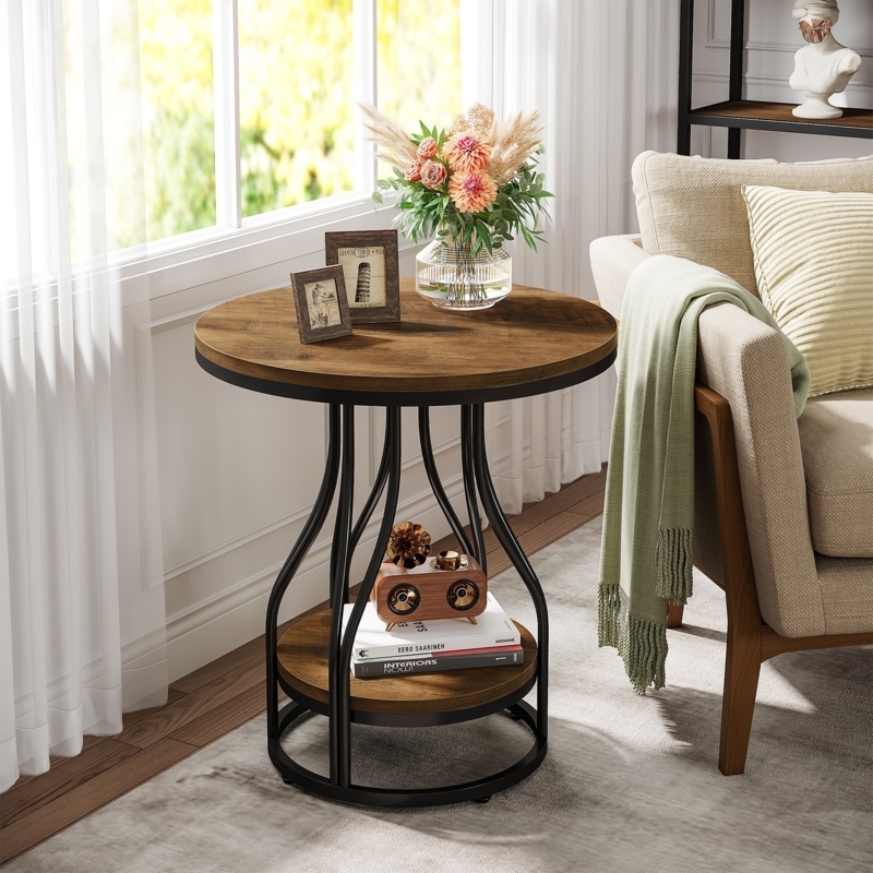 Two-Tier Round End Table with Hourglass Metal Frame