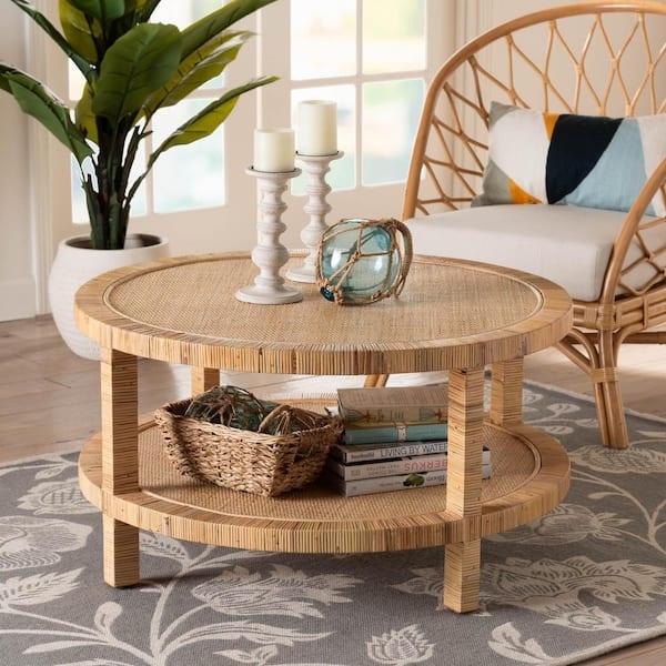 Two-Tier Round Rattan Coffee Table, Light Honey Finish, Coastal