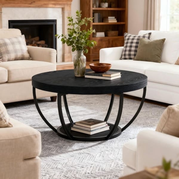 Two-Tier Storage Coffee Table Matte Wood Curved Silhouette Round