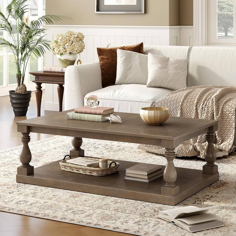 Two Tier Wood Coffee Table Angled Braced Legs Design