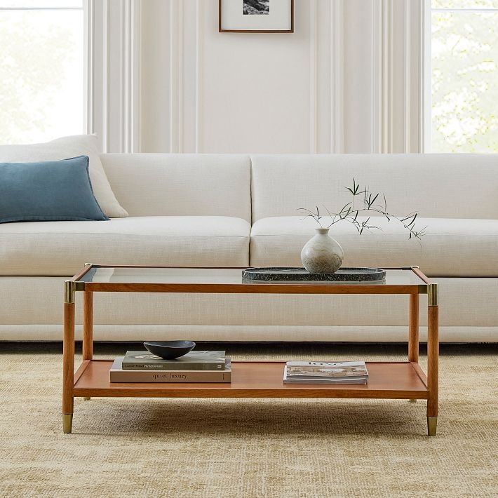 Two-Tier Wood Coffee Table with Glass Top and Metallic Leg Caps