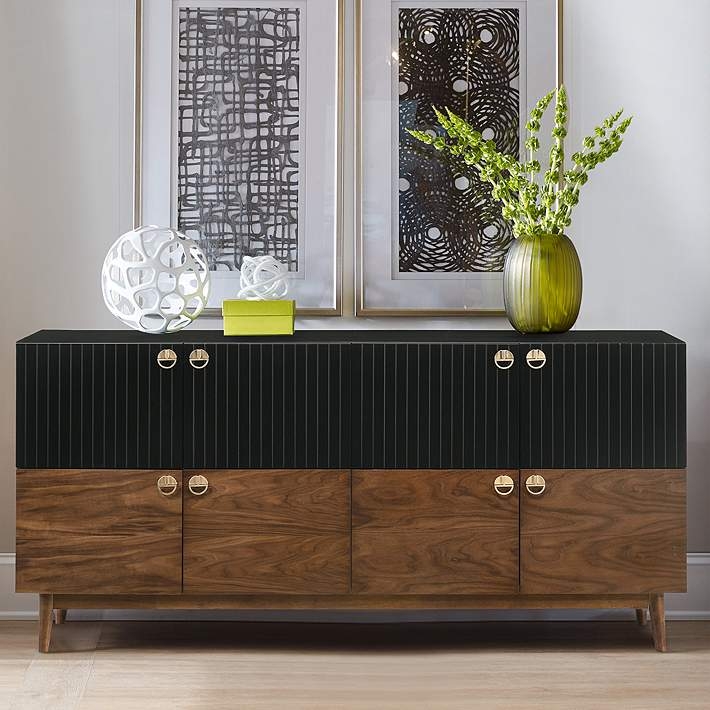 Two-Tone 8-Door Buffet with Ribbed Walnut and Gold Pulls