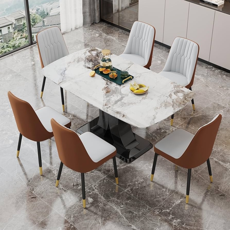 Two-Tone Dining Set with Marble Pedestal Table