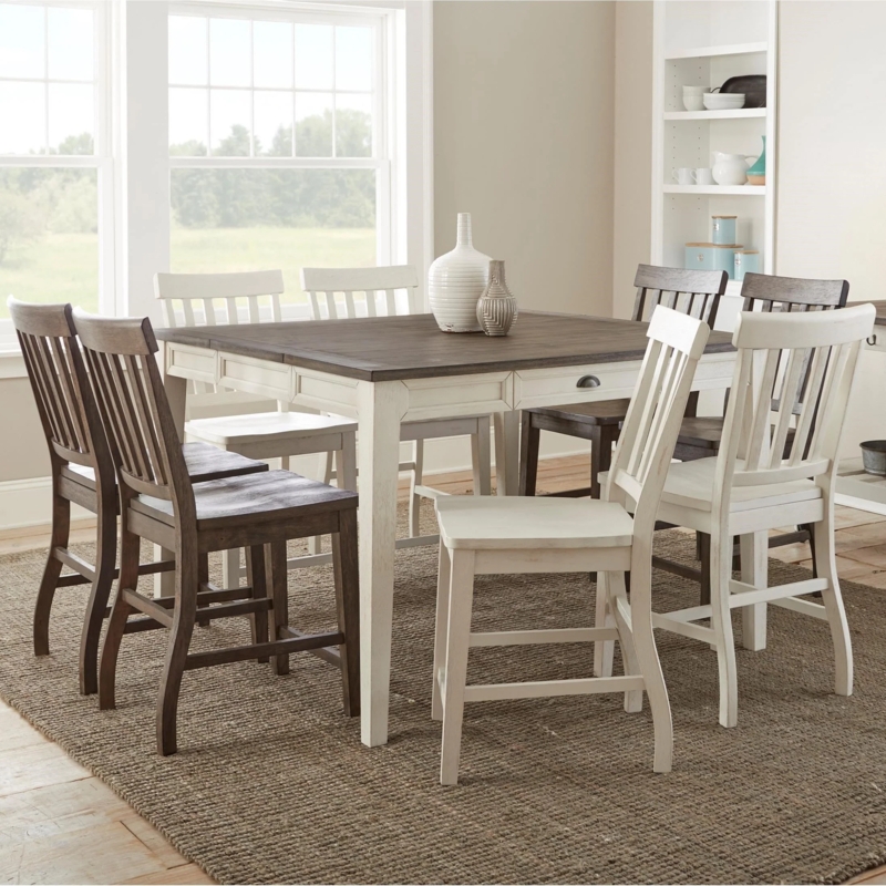 Two Tone Farmhouse Dining Set 9 Piece Slat Back Chairs Built In Drawers