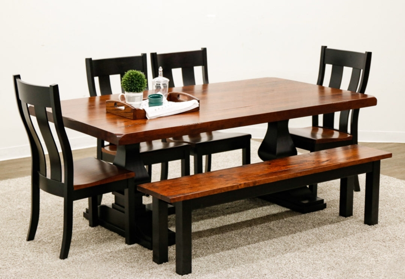 Two-Tone Farmhouse Dining Set Trestle Table Black & Wood Finish