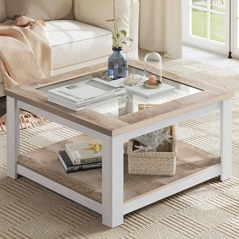 Two-Tone Farmhouse Square Coffee Table with Glass Inset Top and Shelf