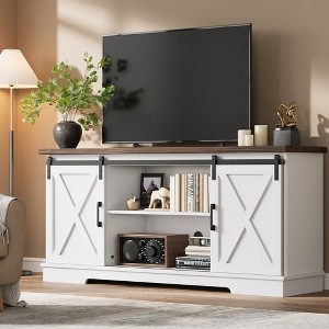 Two-Tone Farmhouse TV Stand with White Base and Sliding Barn Doors
