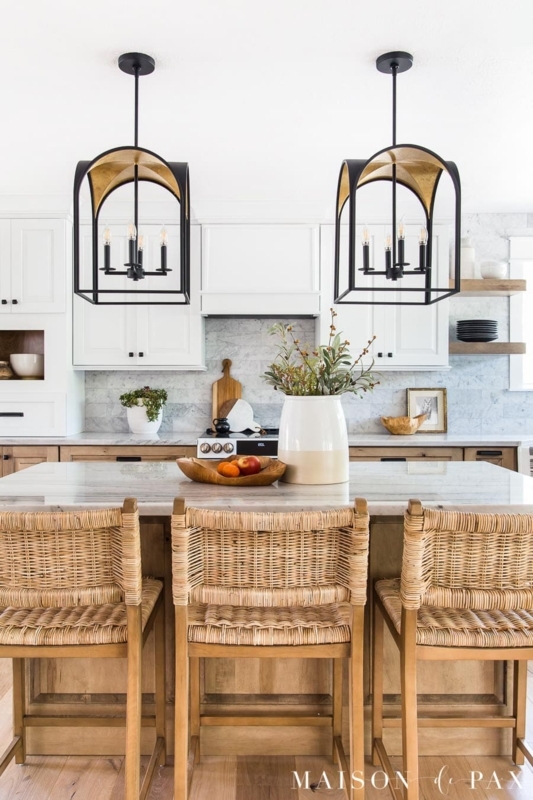 Two Tone Kitchen Cabinets Woven Rattan Stools Black Lantern Pendants