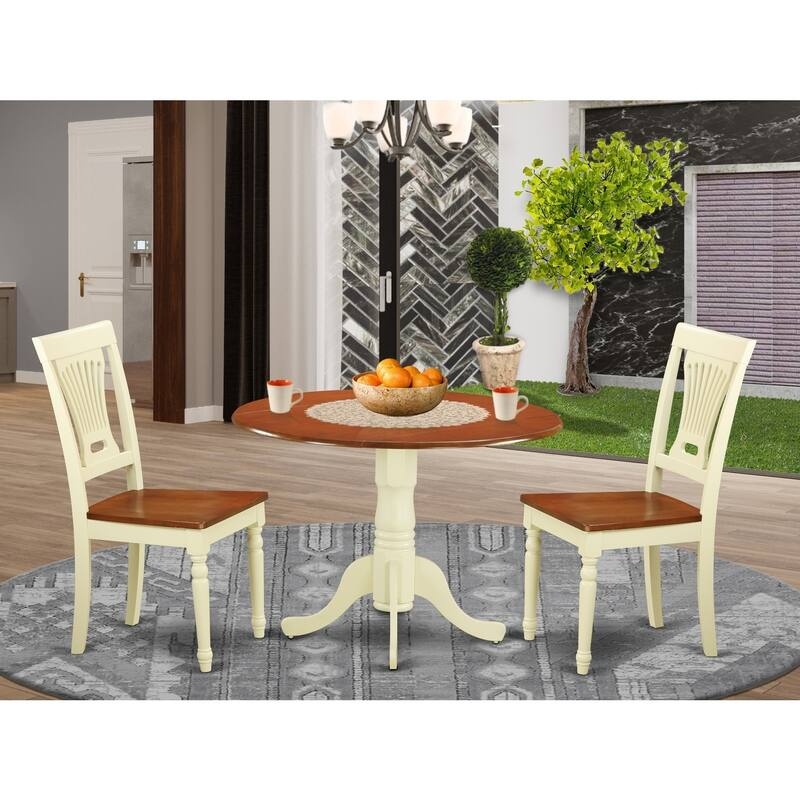 Two Tone Kitchen Table Set Off-White Brown Pedestal Slat Back