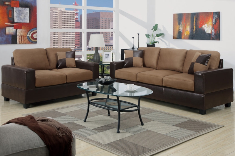 Two-Tone Living Room Set Chocolate Faux Leather & Fabric