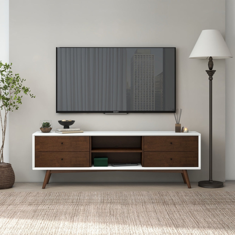 Two-Tone Mid-Century TV Stand in White & Walnut Finish