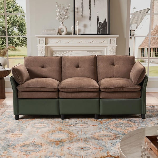 Two-Tone Reclining Sofa in Brown and Forest Green with Straight Arms
