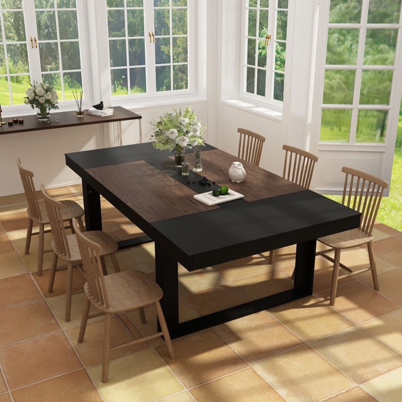 Two-Tone Rectangular Dining Table with Paneled Top and U-Shaped Legs
