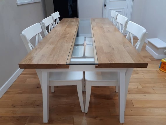 Two-Tone Rectangular Table with Glass Center Panel and White Legs