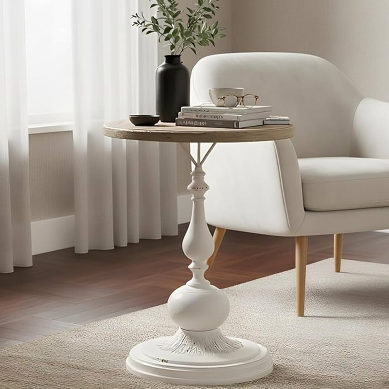 Two-Tone Round Side Table with Turned Pedestal Base