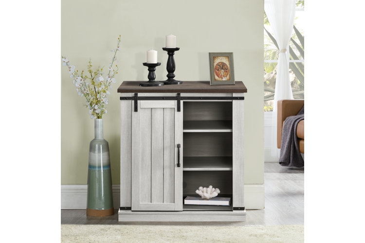Two-Tone Rustic TV Stand with Sliding Barn Door and Vertical Plank Detail