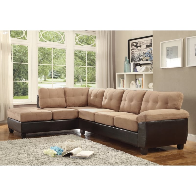 Two-Tone Sectional Sofa with Tufted Seats, Mocha Microsuede & Dark Base