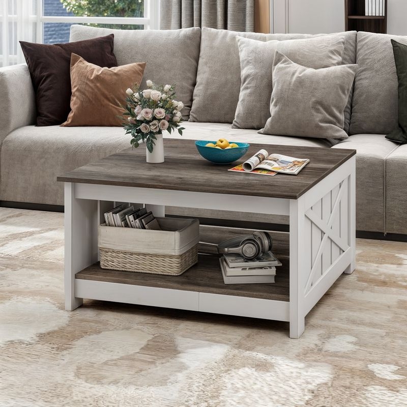 Two-Tone Storage Coffee Table with Shelf and X-Brace Sides