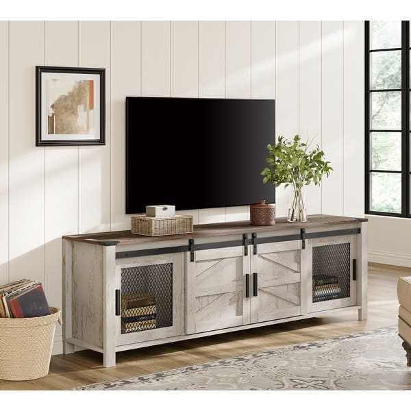 Two-Tone TV Stand Sliding Barn Doors Metal Mesh Panels Industrial Rustic