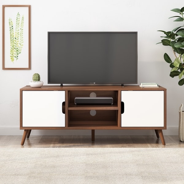 Two-Tone TV Stand Walnut White Sliding Doors MCM