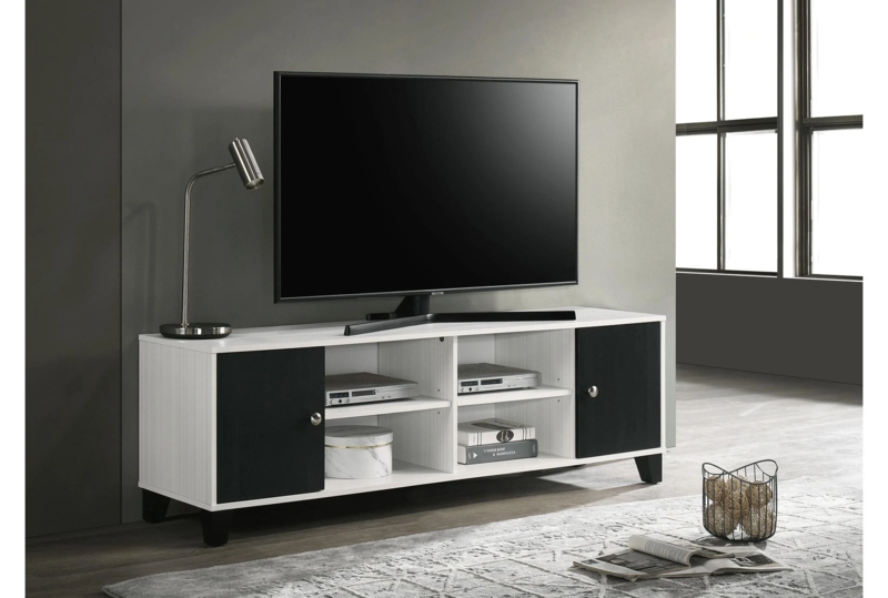 Two-Tone TV Stand White Frame Black Doors Tapered Legs