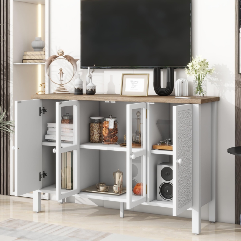 Two-Tone TV Stand White Textured Doors Glass Center