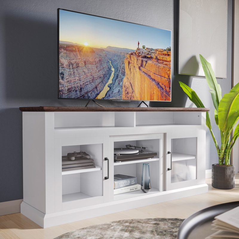 Two-Tone White and Wood Media Console with Glass Front Cabinets