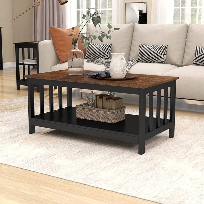 Two-Toned Coffee Table with Slatted Sides & Open Storage Shelf