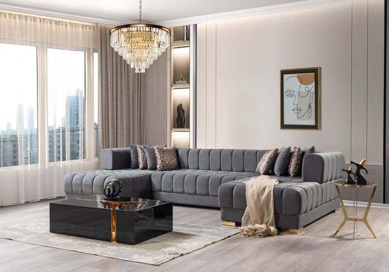 U-Shaped Channel Tufted Sectional with Gold Metal Legs