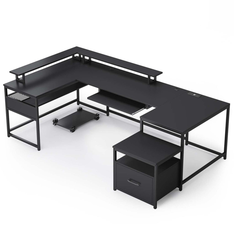 U-Shaped Computer Desk with Integrated Monitor Riser and Power