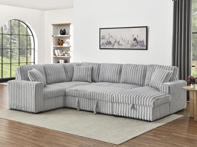 U-Shaped Corduroy Sectional, Sleeper Sofa with Pull Out Bed.