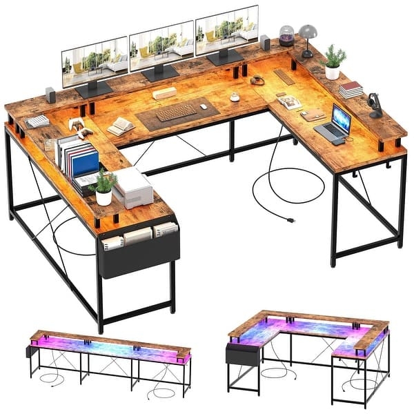 U-Shaped Gaming Desk Warm Brown Wood Toned with Monitor Stand