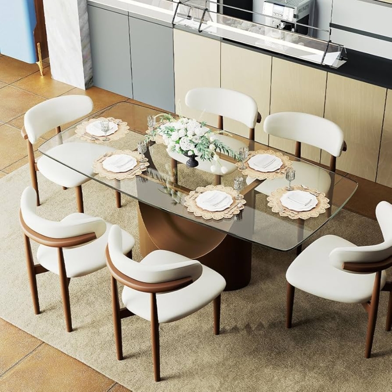 U-Shaped Pedestal Dining Table with Bronze Finish and Glass Top